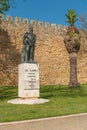 Statue of Gil Eanes next to the wall of the castle of Lagos, Algarve, Portugal