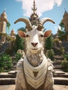 a statue of a goat in front of a castle