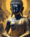 Statue of God Buddha. Decorative digital 2D painting. Color illustration for background. Picturesque portrait for the interior. Royalty Free Stock Photo