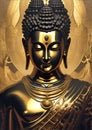 Statue of God Buddha. Decorative digital 2D painting. Color illustration for background. Picturesque portrait for the interior. Royalty Free Stock Photo