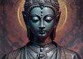 Statue of God Buddha. Decorative digital 2D painting. Color illustration for background. Picturesque portrait for the interior. Royalty Free Stock Photo