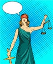 Statue god of justice Themis. Femida with balance and sword. Vector illustration in pop art comic retro style. Law legal Royalty Free Stock Photo