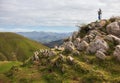 Statue of God Mother with Jesus baby in Pyrenees mountains, France. Sculpture of Our Lady with Jesus Christ on mountain top. Royalty Free Stock Photo