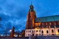 Statue and Gothic cathedral church by night Royalty Free Stock Photo