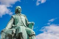 Statue of great scientist Otto Guericke in Magdeburg at blue sky, Germany, closeup, details. Concept historical heritage