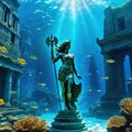 A statue of the Greek goddess with a shield and a stands in an underwater city surrounded by fish and