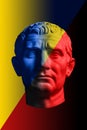 Statue of Guy Julius Caesar Octavian Augustus. Creative concept colorful neon image with ancient roman sculpture Guy