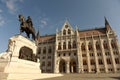 Statue of Gyula Andrassy and Parliament Building in Budapest, Hungari Royalty Free Stock Photo