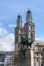 Statue of Hans Waldmann 1435 Ã¢â¬â 1489 with the Great Minster GrossmÃÂ¼nster at the background Royalty Free Stock Photo