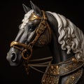 Statue of a horse with a gold harness and bridle on a black background