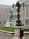 Statue of the Hortobagy horseherd, street lamp and magic in Budapest city, Hungary Royalty Free Stock Photo