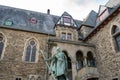 Statue I, Graf Adolf von Berg in front medieval Schloss Burg, Castle Burg, Solingen, Germany