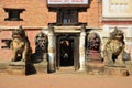 Statue image Lion guarding at Bhaktapur Durbar Square Royalty Free Stock Photo