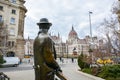 Statue of Imre Nagy on a Bridge looking in the direction of Budapest parliament