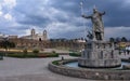 A statue of Inca Pachacutec and Catholic church in Vilcashuaman. Ayacucho, Peru