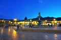 Statue of Inca Pachacutec on fountain and catholic church on Plaza de Armas, evening view, Cusco or Cuzco town, Peru