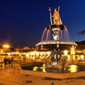 Statue of Inca Pachacutec on fountain on Plaza de Armas Royalty Free Stock Photo