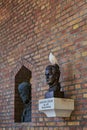 Statue of JÃ³zsef SimÃ¡ndy in Square DÃ³m from Votive Church of Szeged with a dove on his head