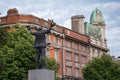Statue of Jim Larkin on O`Connell street, Dublin, Ireland with buildings visible behind.
