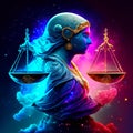 Statue of justice with scales of justice on colorful background. Law and justice concept AI generated Royalty Free Stock Photo