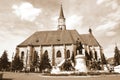 Statue of the king Matei Corvin. Typical urban landscape in downtown Cluj-Napoca. Royalty Free Stock Photo