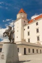 Statue of King Svatopluk and Bratislava castle in the background, Bratislava, Slovakia Royalty Free Stock Photo