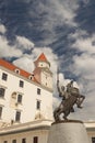 Statue of King Svatopluk and Bratislava castle in the background, Bratislava, Slovakia Royalty Free Stock Photo