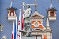 Statue of the knight defeating a dragon in front of the House of Blackheads in Riga, Latvia Royalty Free Stock Photo