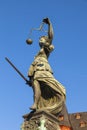 Statue of Lady Justice in front of the Romer in Frankfurt Royalty Free Stock Photo