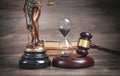 Statue of Lady Justice, hourglass, book and gavel