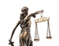 Statue of Lady Justice isolated on white, back view. Symbol of fair treatment under law