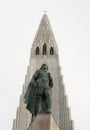 Statue of Leif Erikssonin front of the famous church Hallgrimskirkja in Reykjavik Iceland