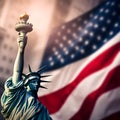 Statue of Liberty against blurred American flag close up. Selective focus. Card for Patriot day, Memorial Day Royalty Free Stock Photo