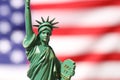 Statue of Liberty against flag of USA, closeup. Space for text Royalty Free Stock Photo