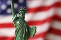Statue of Liberty against flag of USA, closeup. Space for text Royalty Free Stock Photo