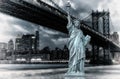 Statue of Liberty against Manhattan Bridge at night, Cityscape of New York City Royalty Free Stock Photo