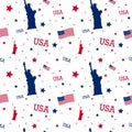 Statue of Liberty, American flag, and many red and blue stars on a white background that is a seamless pattern Royalty Free Stock Photo