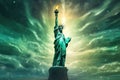 Statue of Liberty as a celestial guardian, her torch emitting a cosmic glow, protecting Earth from extraterrestrial threats in a