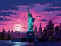 Statue of Liberty on the background of Manhattan in New York in United States at sunset Royalty Free Stock Photo