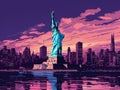 Statue of Liberty on the background of Manhattan in New York in United States at sunset Royalty Free Stock Photo