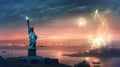 The Statue of Liberty with blurred background of cityscape with beautiful fireworks at night, Manhattan, New York City, USA. Royalty Free Stock Photo
