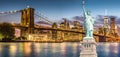 The Statue of Liberty and Brooklyn Bridge with World Trade Center background twilight sunset view, Landmarks of New York City