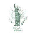 Statue of liberty with coat of arms. Sculpture from the United States of America. Flat illustration EPS 10 Royalty Free Stock Photo