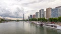 The Statue of Liberty and the Eiffel Tower Timelapse with modern buildings. Paris, France Royalty Free Stock Photo