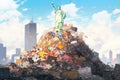 Statue of Liberty emerging from a pile of trash, its base swallowed by garbage, concept of environmental crisis. Generative AI