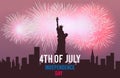 Statue of liberty and fireworks on night city landscape. 4th of july. Independence Day of America. Vector illustration. Royalty Free Stock Photo