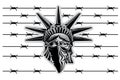 Statue Of Liberty Head With Bandana On Face And Barbed Wire On Background. Vector Illustration Symbol Of America Isolated On White