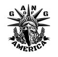 Statue Of Liberty Head With Bandana On Face In Center Of Laurel Wreath. Vector Illustration Symbol Of America. Gang Of America