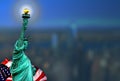 Statue of Liberty on Liberty Island on the American flag background and dark sky. Royalty Free Stock Photo