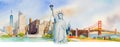 Statue Liberty, Manhattan urban, Golden gate bridge in USA. Royalty Free Stock Photo